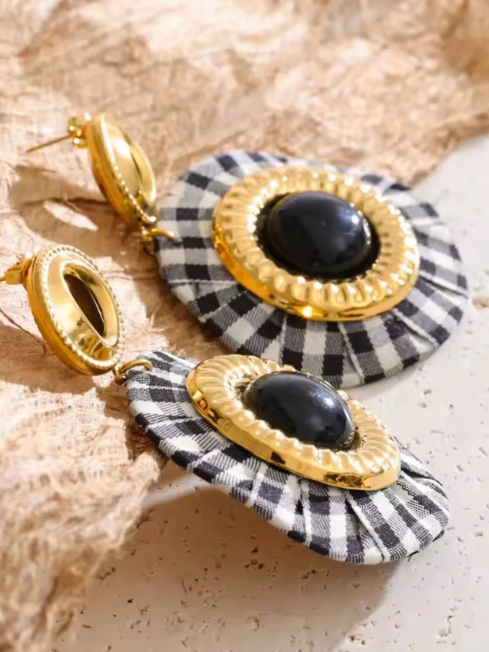 Parisian Chic Gingham Black Gold Earrings